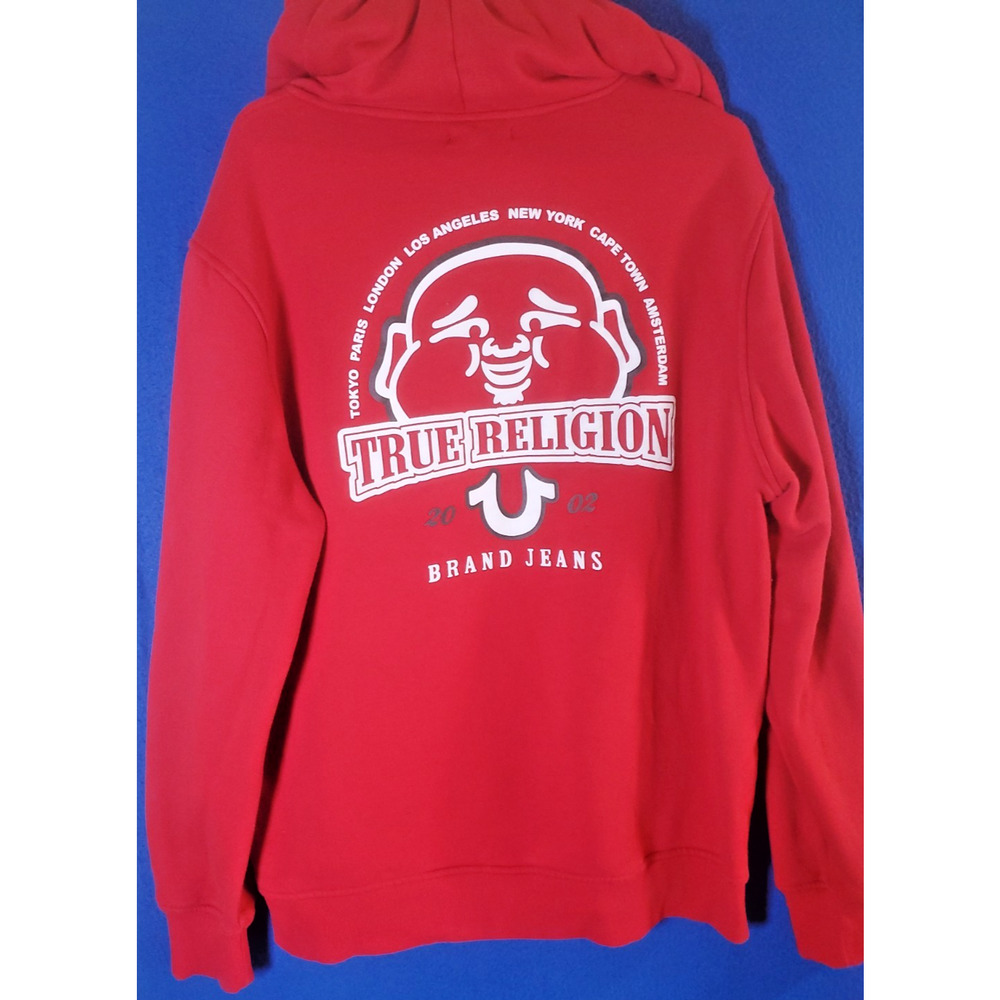 True Religion Men XL Red Buddha Zip Up Hoodie Horseshoe Logo Sweater - Picture 2 of 16